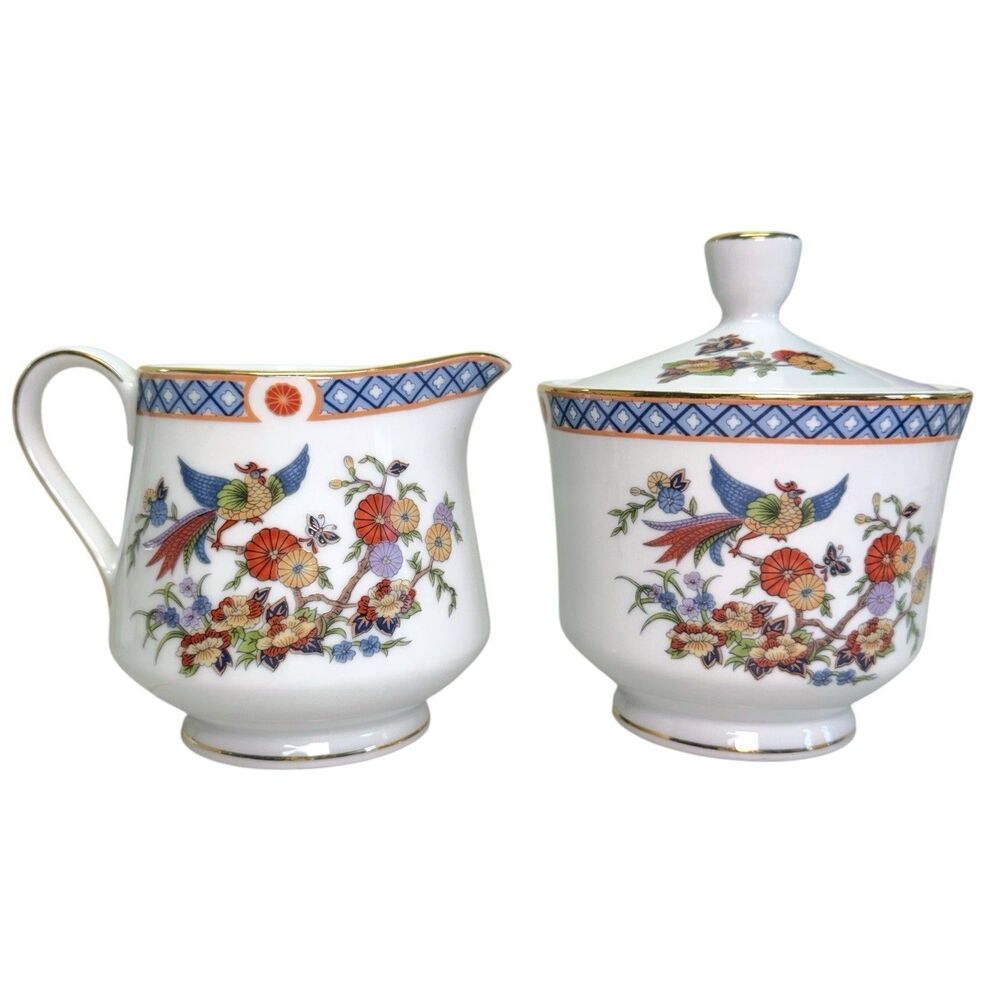 Vtg China Garden Fine China Sugar Bowl w/Lid & Creamer Cup Set Porcelain Japan